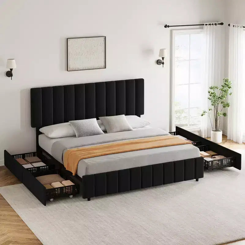 Bed Frame, Platform Storage Bed, 4 Drawers, Adjustable Headboard, Wooden Slats, Noise Free, No Box Spring Needed, Easy Assembly