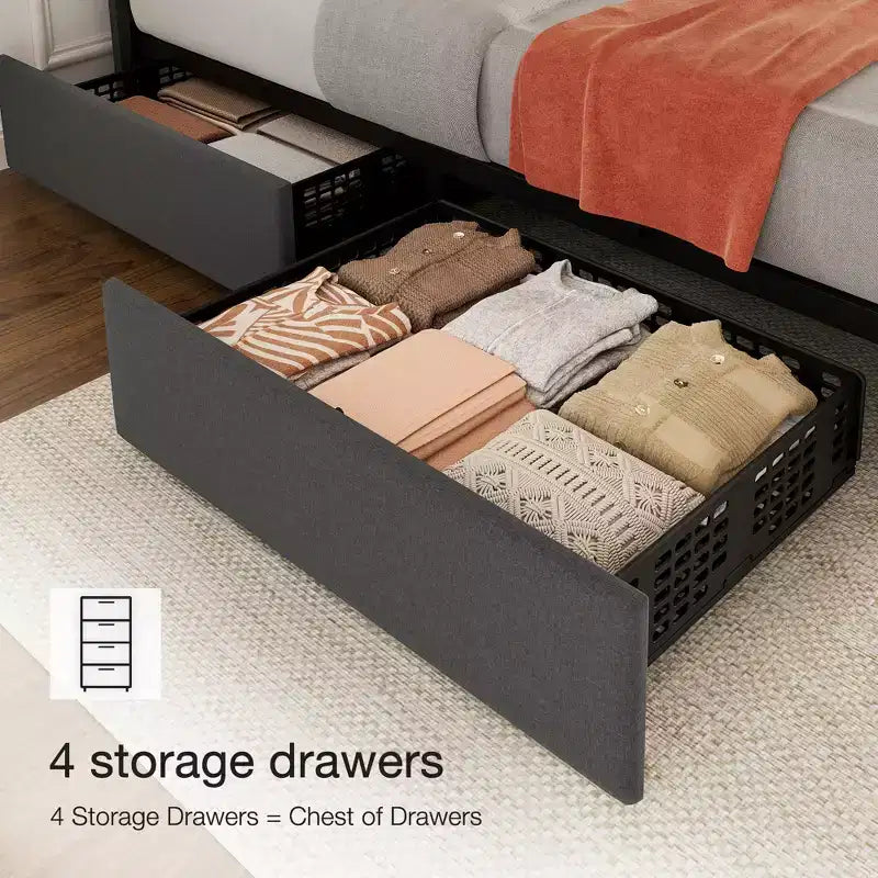 Bed Frame, Platform Storage Bed, 4 Drawers, Adjustable Headboard, Wooden Slats, Noise Free, No Box Spring Needed, Easy Assembly