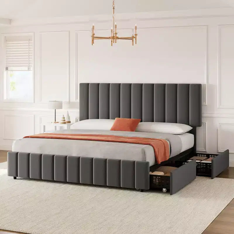 Bed Frame, Platform Storage Bed, 4 Drawers, Adjustable Headboard, Wooden Slats, Noise Free, No Box Spring Needed, Easy Assembly