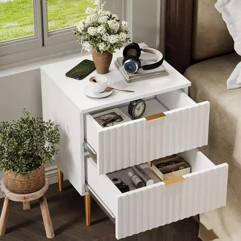 COZONY Modern Fluted Nightstand with Charging Station, 2-Drawer Bedside Table with USB Ports for Bedroom and Apartment