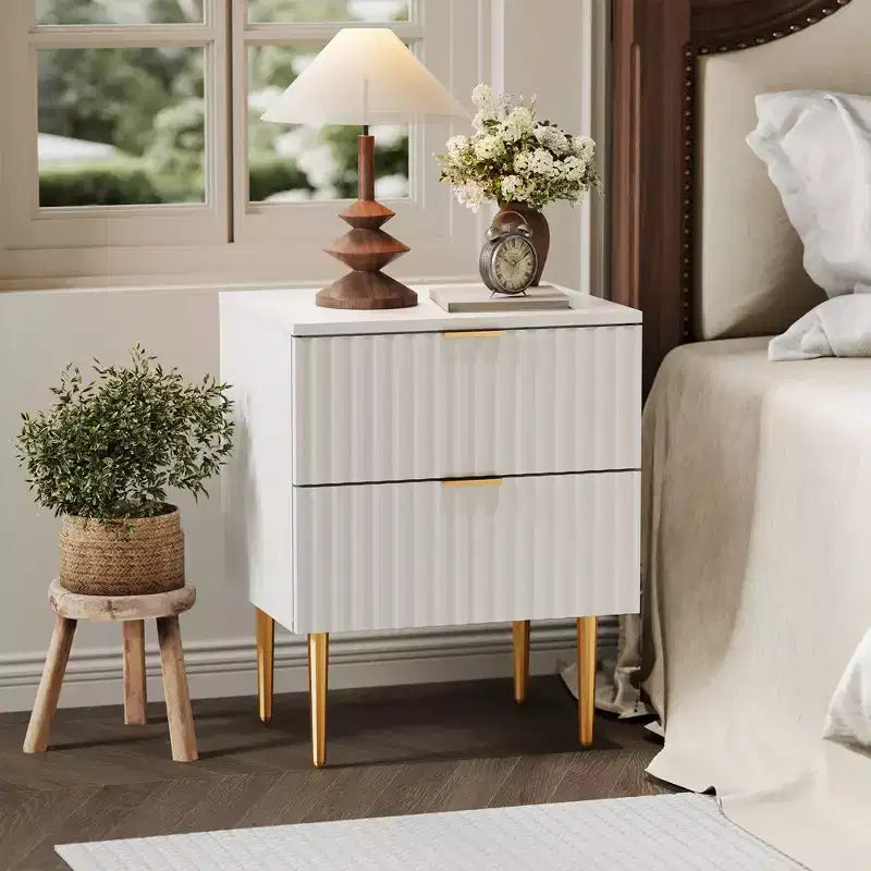 COZONY Modern Fluted Nightstand with Charging Station, 2-Drawer Bedside Table with USB Ports for Bedroom and Apartment