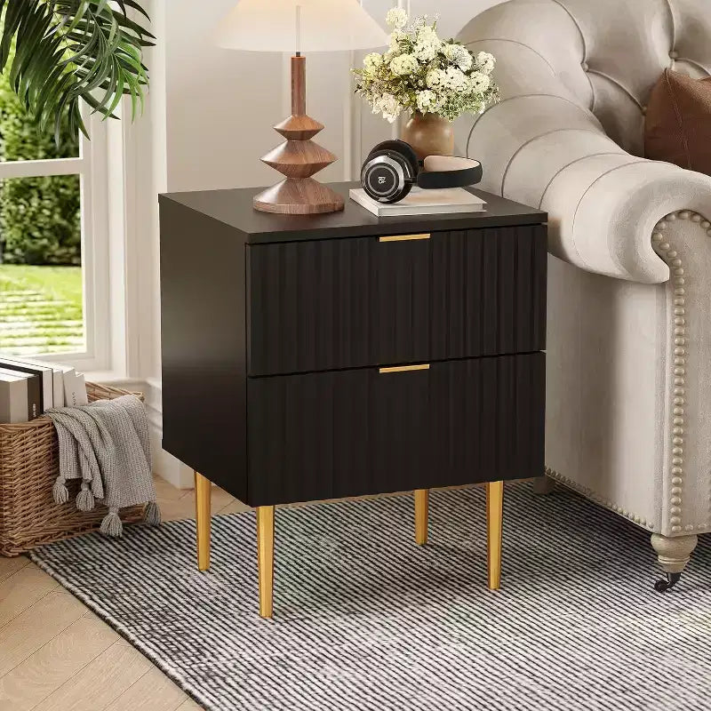 COZONY Modern Fluted Nightstand with Charging Station, 2-Drawer Bedside Table with USB Ports for Bedroom and Apartment