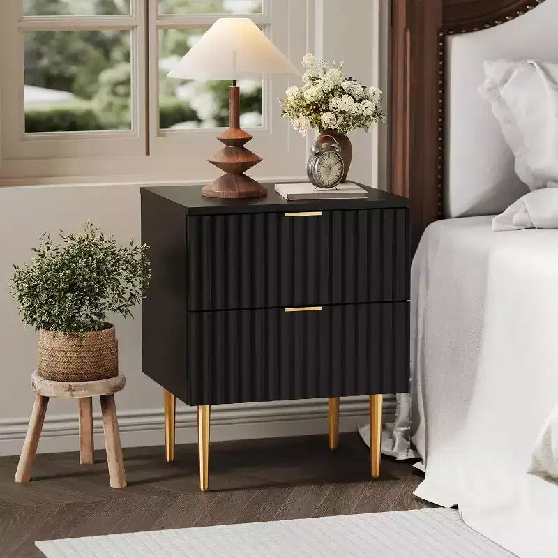 COZONY Modern Fluted Nightstand with Charging Station, 2-Drawer Bedside Table with USB Ports for Bedroom and Apartment