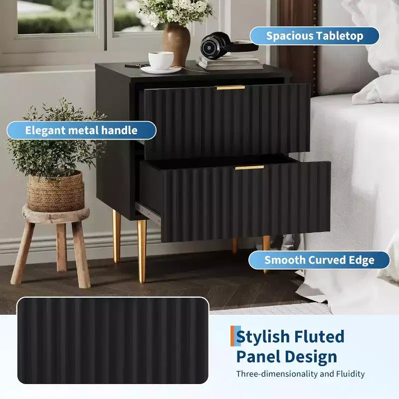 COZONY Modern Fluted Nightstand with Charging Station, 2-Drawer Bedside Table with USB Ports for Bedroom and Apartment