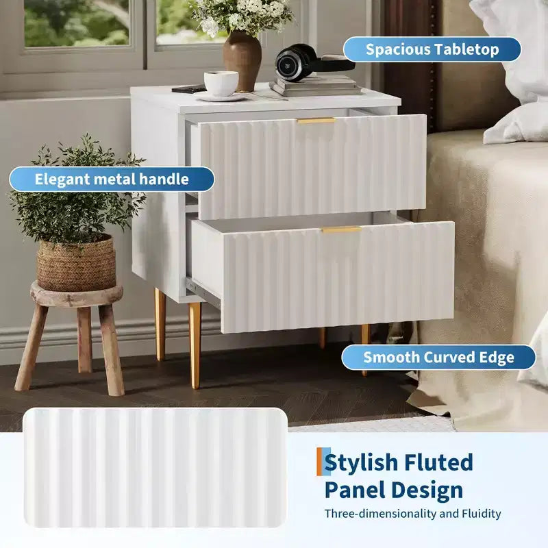 COZONY Modern Fluted Nightstand with Charging Station, 2-Drawer Bedside Table with USB Ports for Bedroom and Apartment