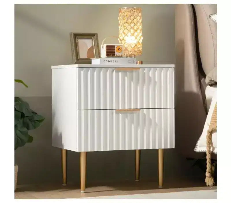 COZONY Modern Fluted Nightstand with Charging Station, 2-Drawer Bedside Table with USB Ports for Bedroom and Apartment