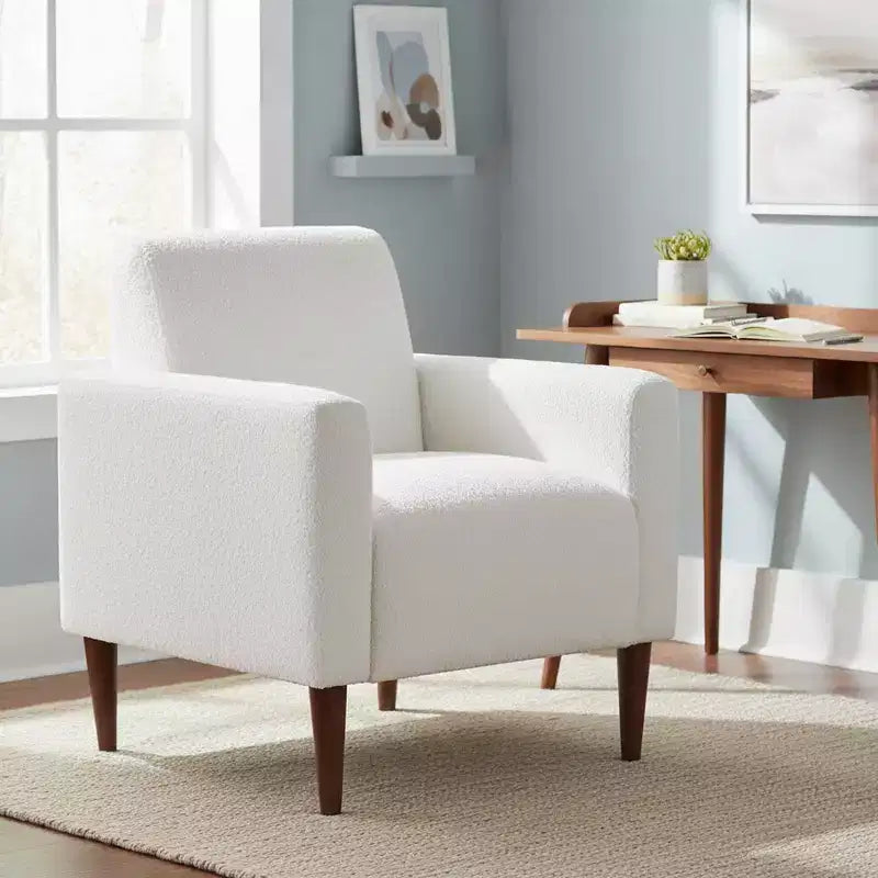 Homy Casa Textured Fabric Accent Chair with Wood Legs, Living Room Armchair, White