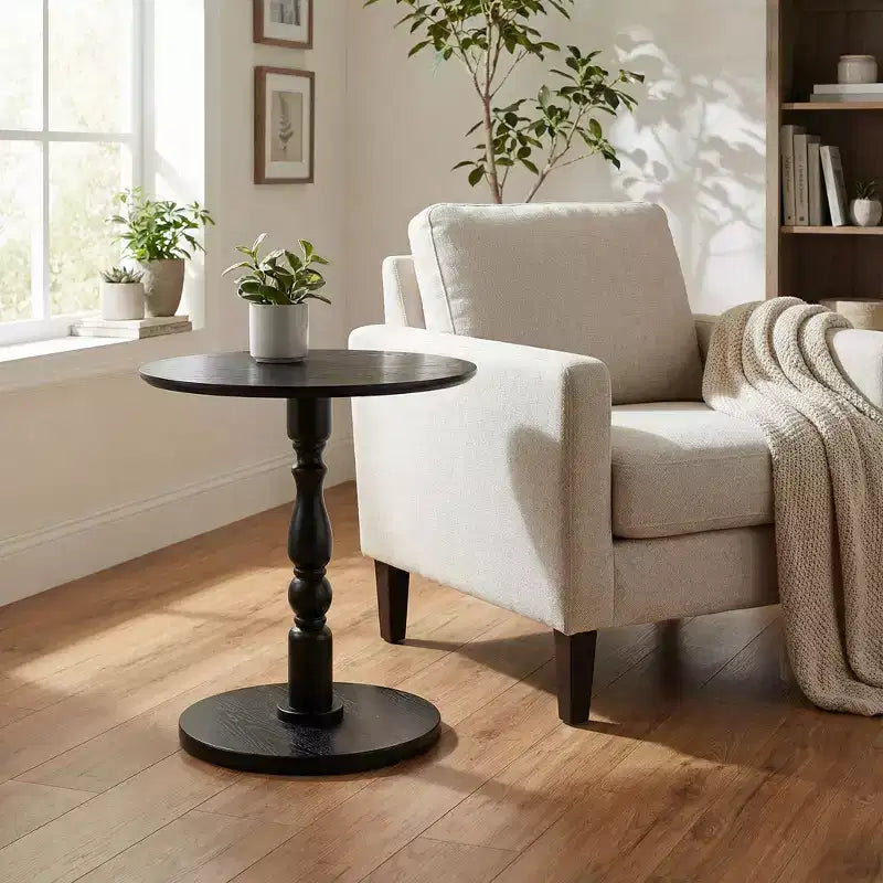 Homy Casa 23 Round Accent Table with Turned Pedestal Base, MDF Top, Living Room or Bedroom Side Table, Black