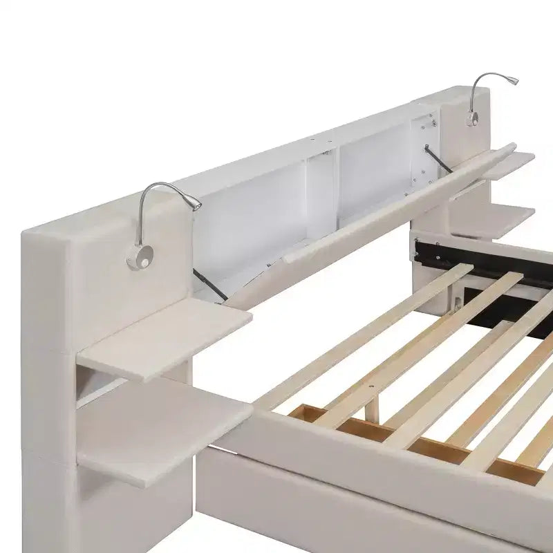 Queen Size Upholstered Platform Bed with Reading Lights and Shelves, Linen Queen Wooden Bed Frame with Storage Drawers and Shelves