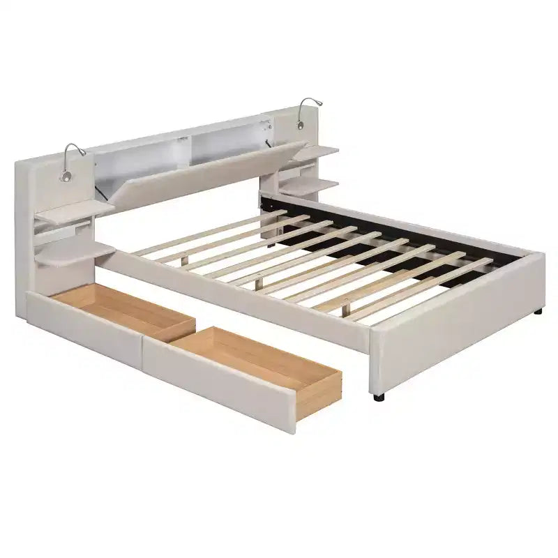 Queen Size Upholstered Platform Bed with Reading Lights and Shelves, Linen Queen Wooden Bed Frame with Storage Drawers and Shelves