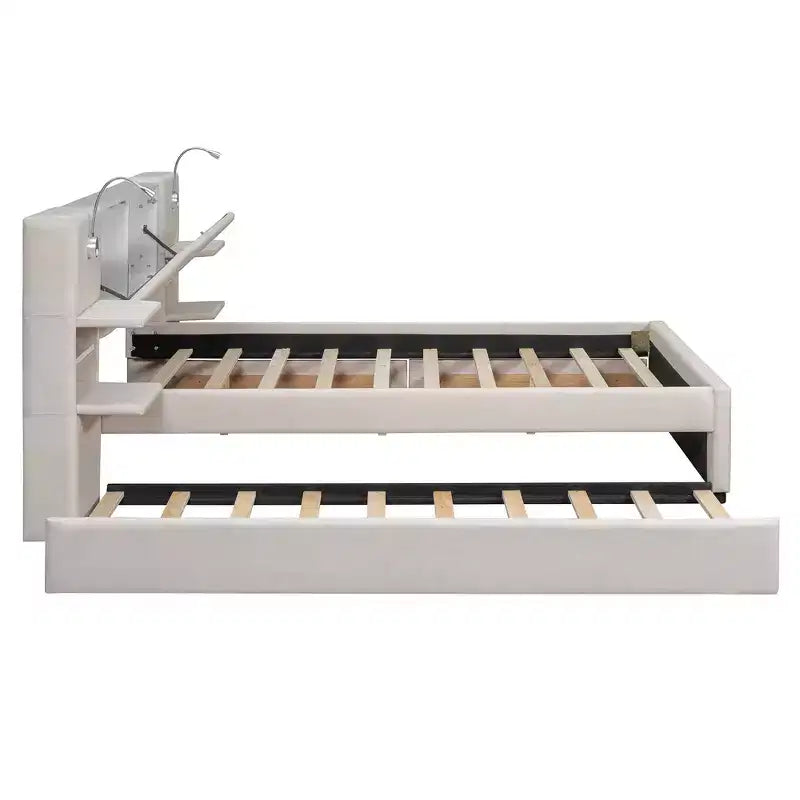 Queen Size Upholstered Platform Bed with Reading Lights and Shelves, Linen Queen Wooden Bed Frame with Storage Drawers and Shelves