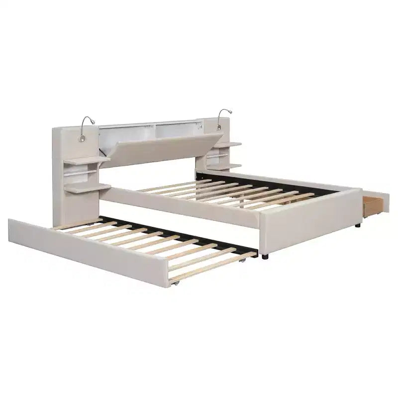 Queen Size Upholstered Platform Bed with Reading Lights and Shelves, Linen Queen Wooden Bed Frame with Storage Drawers and Shelves