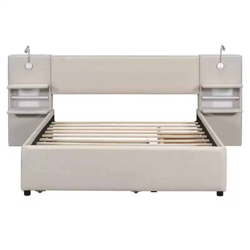 Queen Size Upholstered Platform Bed with Reading Lights and Shelves, Linen Queen Wooden Bed Frame with Storage Drawers and Shelves