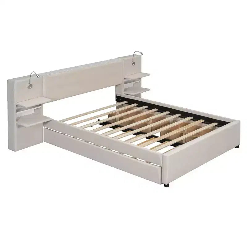 Queen Size Upholstered Platform Bed with Reading Lights and Shelves, Linen Queen Wooden Bed Frame with Storage Drawers and Shelves