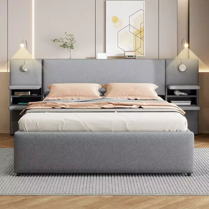 Queen Size Upholstered Platform Bed with Reading Lights and Shelves, Linen Queen Wooden Bed Frame with Storage Drawers and Shelves