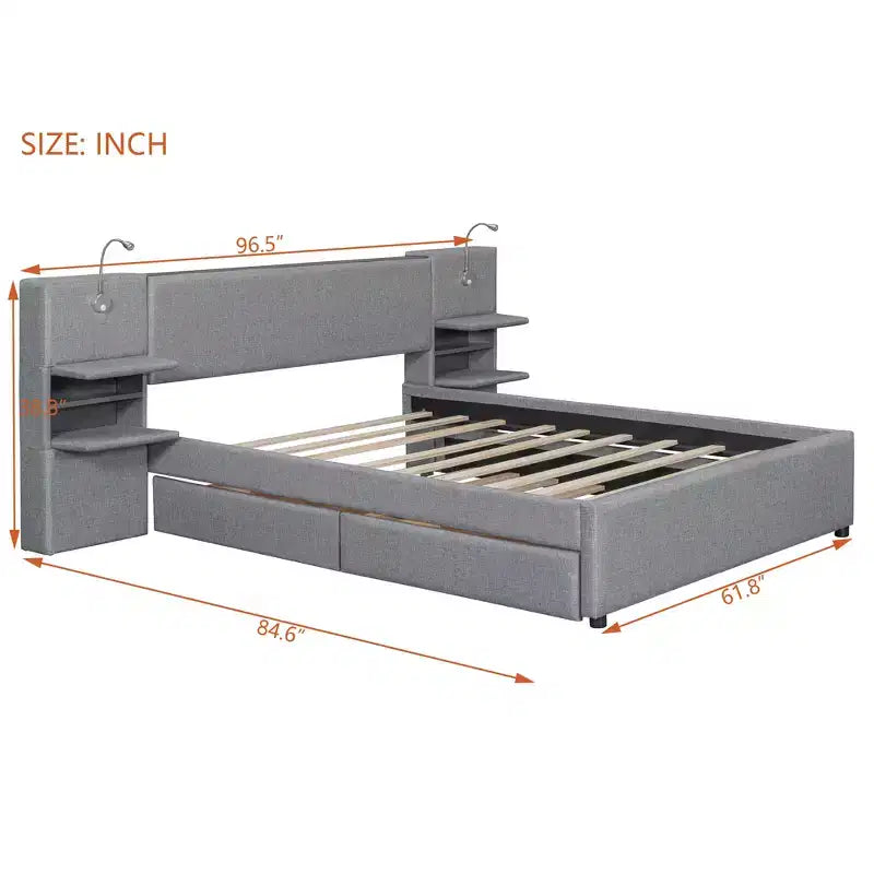 Queen Size Upholstered Platform Bed with Reading Lights and Shelves, Linen Queen Wooden Bed Frame with Storage Drawers and Shelves