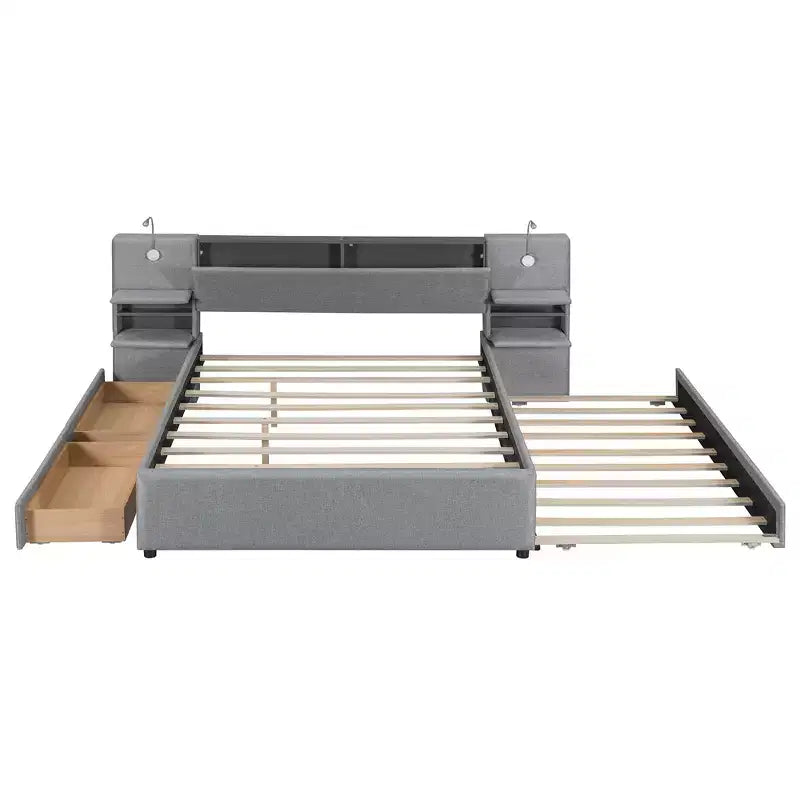 Queen Size Upholstered Platform Bed with Reading Lights and Shelves, Linen Queen Wooden Bed Frame with Storage Drawers and Shelves