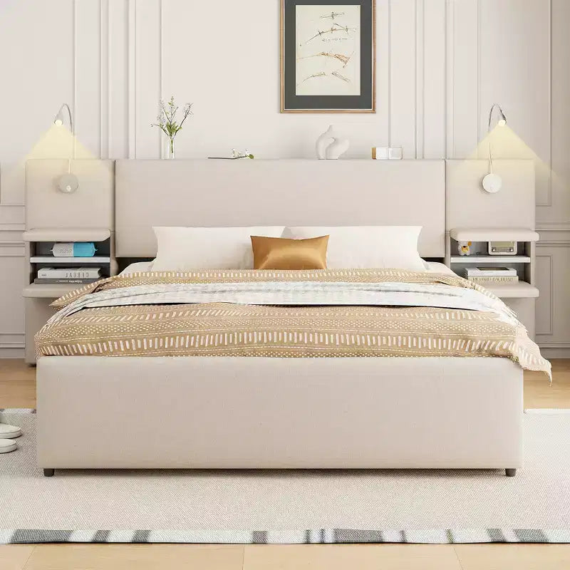 Queen Size Upholstered Platform Bed with Reading Lights and Shelves, Linen Queen Wooden Bed Frame with Storage Drawers and Shelves