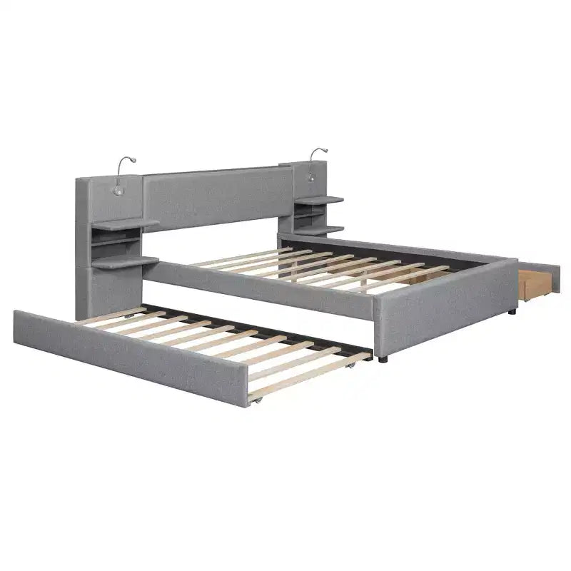 Queen Size Upholstered Platform Bed with Reading Lights and Shelves, Linen Queen Wooden Bed Frame with Storage Drawers and Shelves