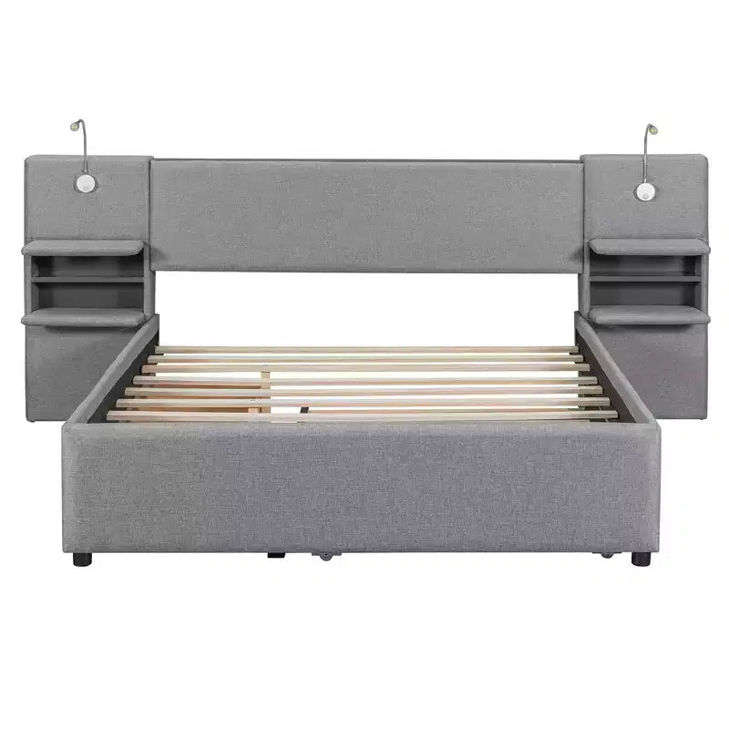 Queen Size Upholstered Platform Bed with Reading Lights and Shelves, Linen Queen Wooden Bed Frame with Storage Drawers and Shelves