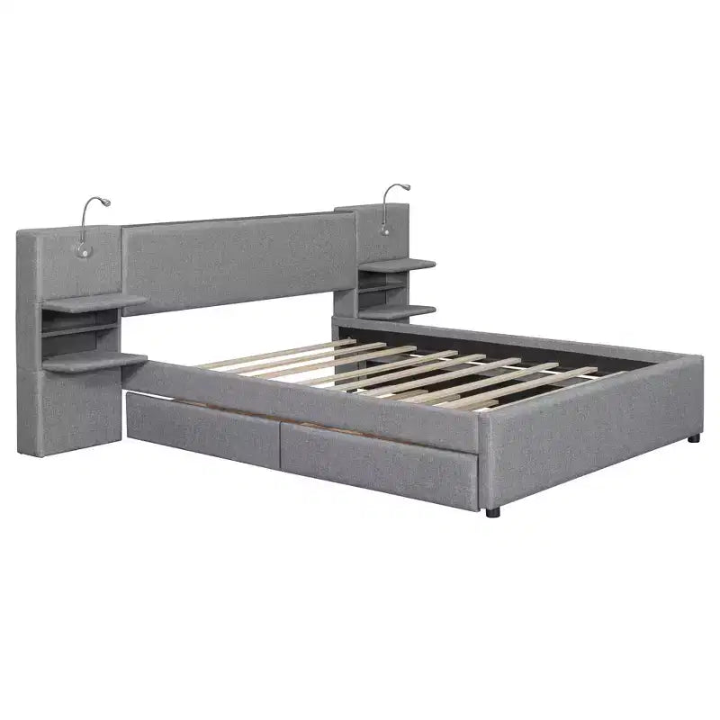 Queen Size Upholstered Platform Bed with Reading Lights and Shelves, Linen Queen Wooden Bed Frame with Storage Drawers and Shelves