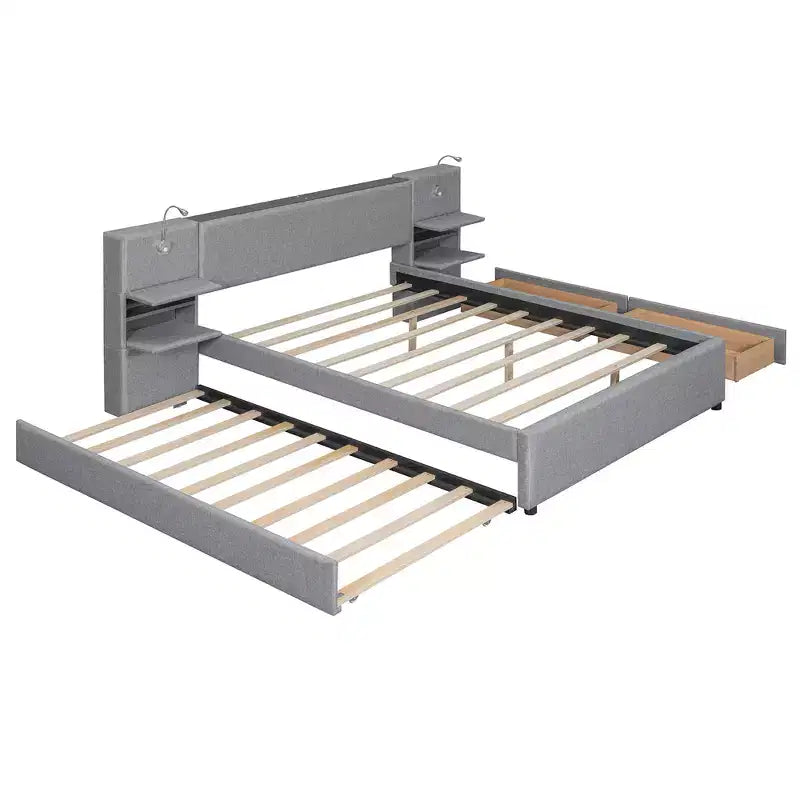 Queen Size Upholstered Platform Bed with Reading Lights and Shelves, Linen Queen Wooden Bed Frame with Storage Drawers and Shelves