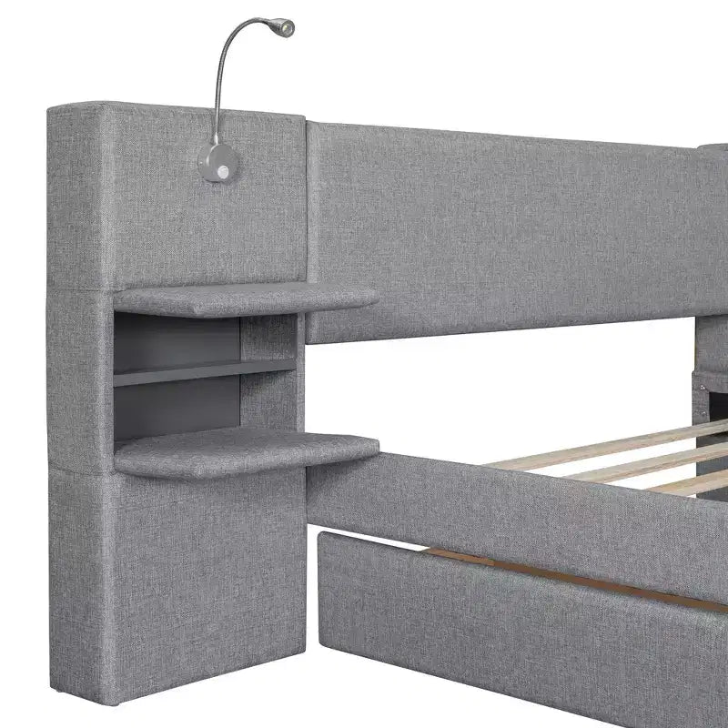 Queen Size Upholstered Platform Bed with Reading Lights and Shelves, Linen Queen Wooden Bed Frame with Storage Drawers and Shelves