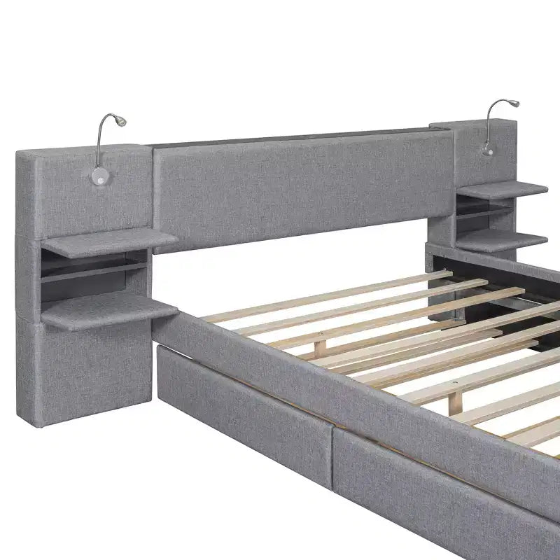 Queen Size Upholstered Platform Bed with Reading Lights and Shelves, Linen Queen Wooden Bed Frame with Storage Drawers and Shelves