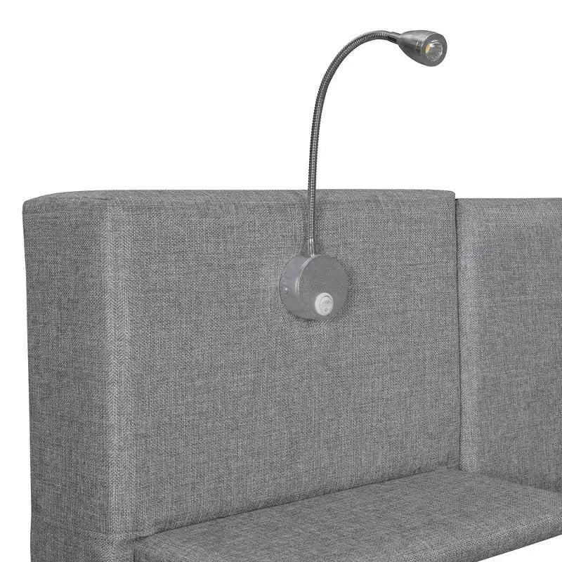 Queen Size Upholstered Platform Bed with Reading Lights and Shelves, Linen Queen Wooden Bed Frame with Storage Drawers and Shelves