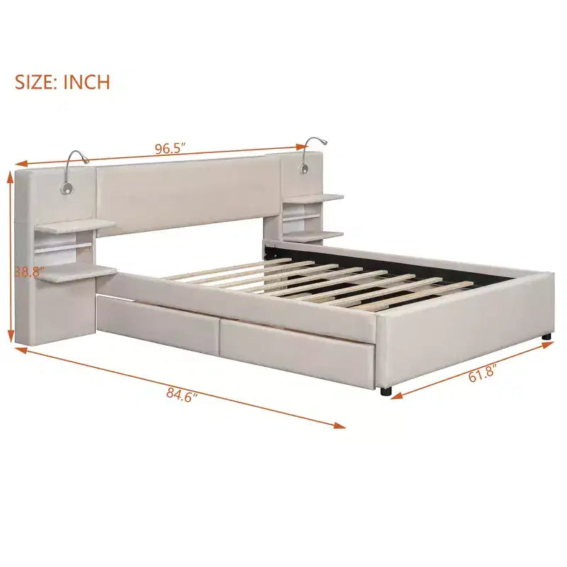 Queen Size Upholstered Platform Bed with Reading Lights and Shelves, Linen Queen Wooden Bed Frame with Storage Drawers and Shelves