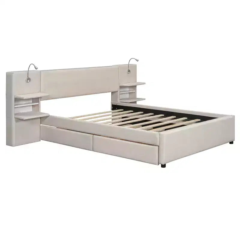 Queen Size Upholstered Platform Bed with Reading Lights and Shelves, Linen Queen Wooden Bed Frame with Storage Drawers and Shelves