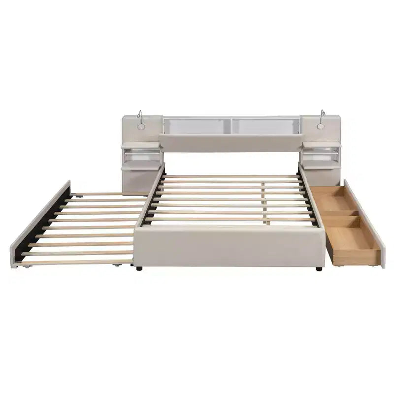 Queen Size Upholstered Platform Bed with Reading Lights and Shelves, Linen Queen Wooden Bed Frame with Storage Drawers and Shelves
