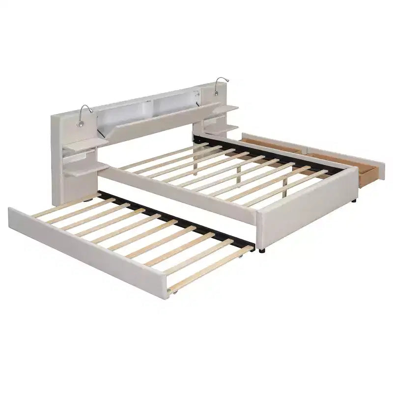 Queen Size Upholstered Platform Bed with Reading Lights and Shelves, Linen Queen Wooden Bed Frame with Storage Drawers and Shelves
