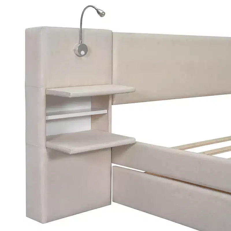 Queen Size Upholstered Platform Bed with Reading Lights and Shelves, Linen Queen Wooden Bed Frame with Storage Drawers and Shelves
