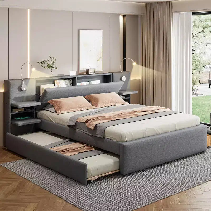 Queen Size Upholstered Platform Bed with Reading Lights and Shelves, Linen Queen Wooden Bed Frame with Storage Drawers and Shelves