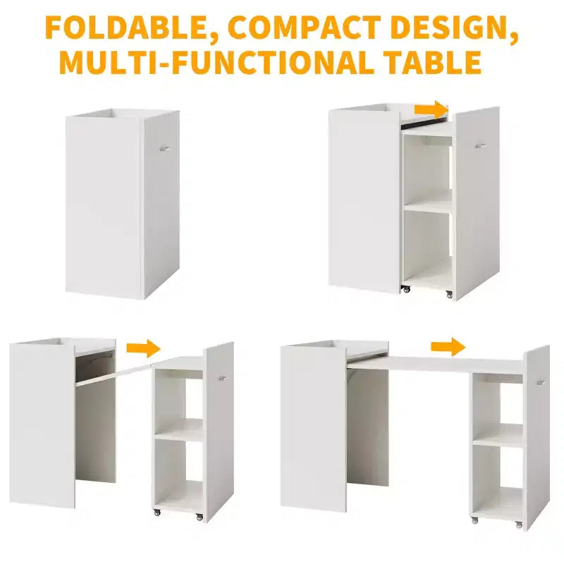 50 Folding Computer Desk with Bookshelf, Home Office Extension Table with Wheels, Study Writing Desk with Backless Storage Shelves for Work, Study