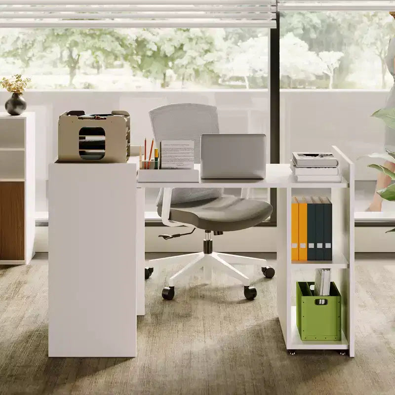 50 Folding Computer Desk with Bookshelf, Home Office Extension Table with Wheels, Study Writing Desk with Backless Storage Shelves for Work, Study