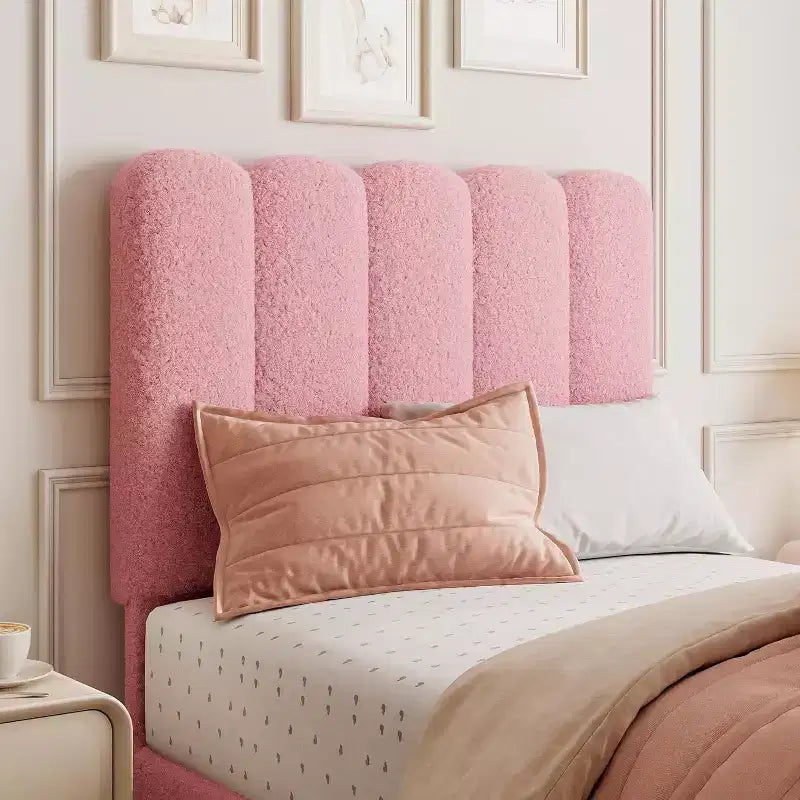 Twin Size Bed Frame, Boucle Upholstered Platform Bed, Wave Headboard, Wooden Slats Support, No Box Spring Needed, Easy Assembly