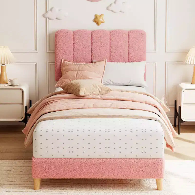 Twin Size Bed Frame, Boucle Upholstered Platform Bed, Wave Headboard, Wooden Slats Support, No Box Spring Needed, Easy Assembly