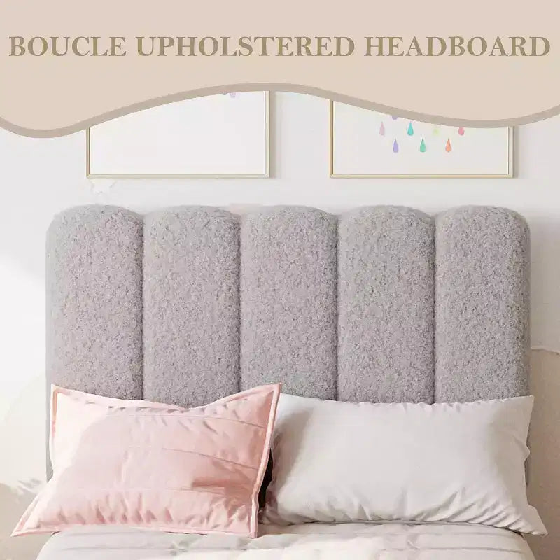 Twin Size Bed Frame, Boucle Upholstered Platform Bed, Wave Headboard, Wooden Slats Support, No Box Spring Needed, Easy Assembly