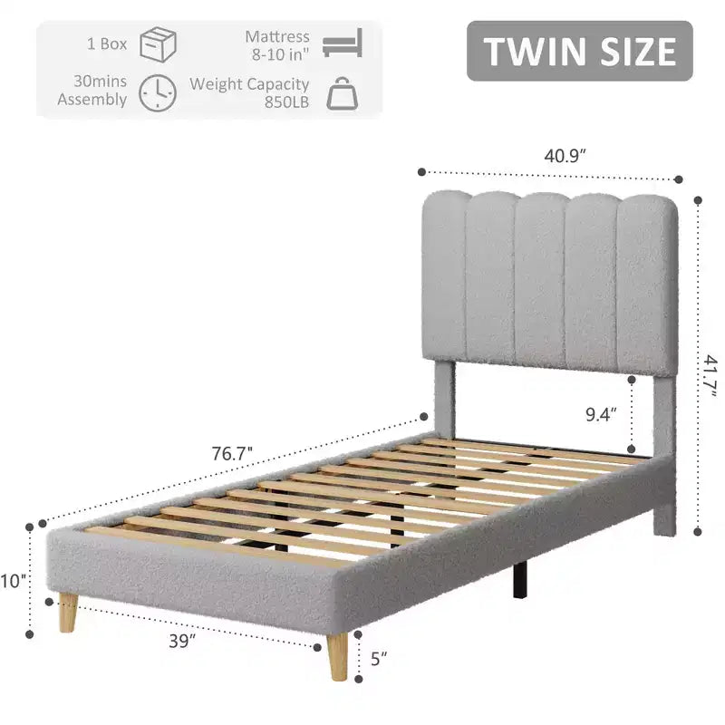 Twin Size Bed Frame, Boucle Upholstered Platform Bed, Wave Headboard, Wooden Slats Support, No Box Spring Needed, Easy Assembly