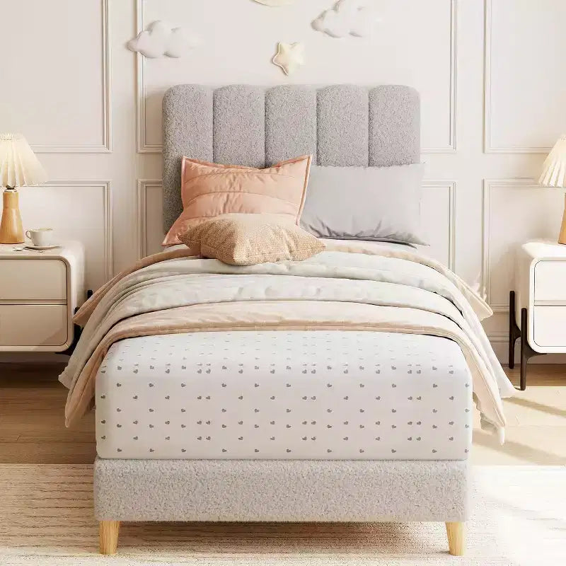 Twin Size Bed Frame, Boucle Upholstered Platform Bed, Wave Headboard, Wooden Slats Support, No Box Spring Needed, Easy Assembly