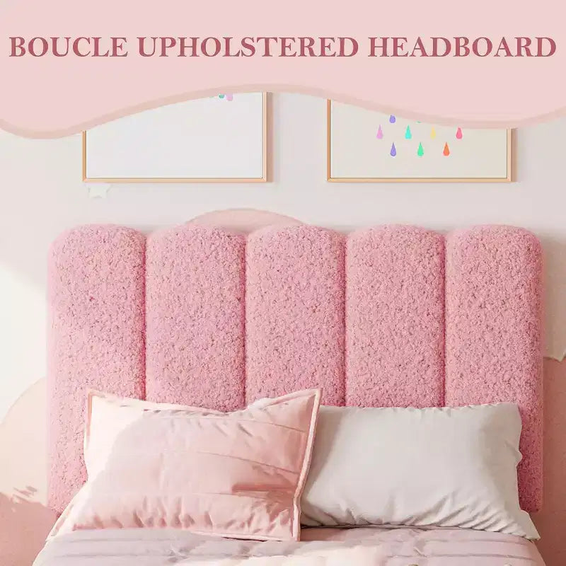 Twin Size Bed Frame, Boucle Upholstered Platform Bed, Wave Headboard, Wooden Slats Support, No Box Spring Needed, Easy Assembly