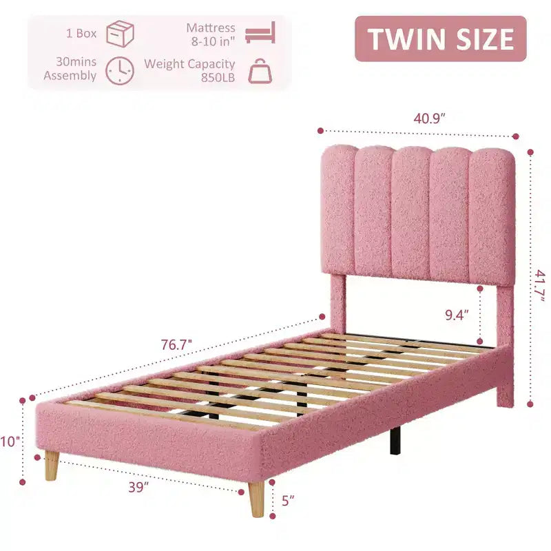 Twin Size Bed Frame, Boucle Upholstered Platform Bed, Wave Headboard, Wooden Slats Support, No Box Spring Needed, Easy Assembly