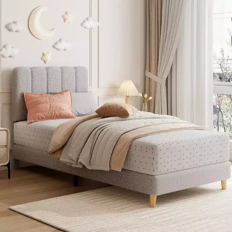 Twin Size Bed Frame, Boucle Upholstered Platform Bed, Wave Headboard, Wooden Slats Support, No Box Spring Needed, Easy Assembly