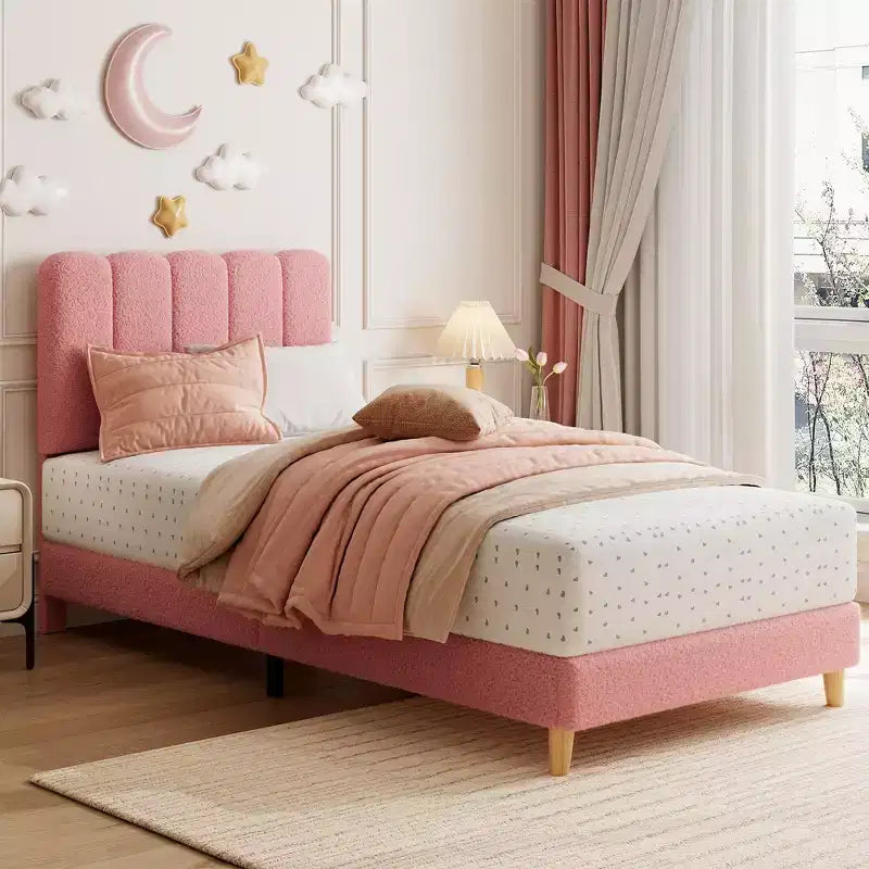 Twin Size Bed Frame, Boucle Upholstered Platform Bed, Wave Headboard, Wooden Slats Support, No Box Spring Needed, Easy Assembly