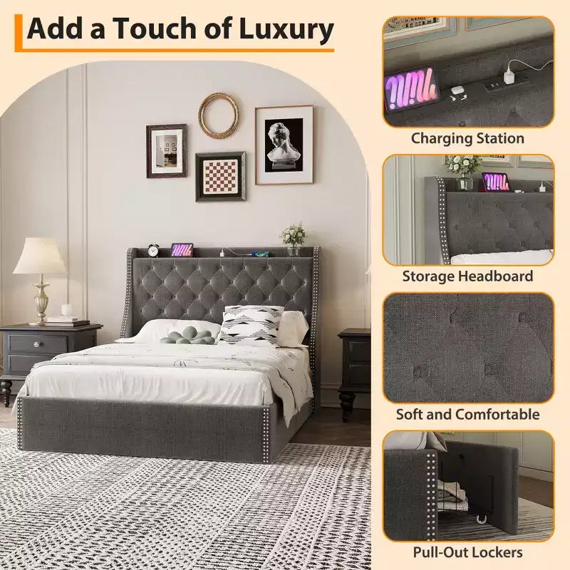 Upholstered Bed Frame with 4 Storage Drawers, Diamond Stitched Button Tufted Design, Wingback Headboard, No Box Spring Required