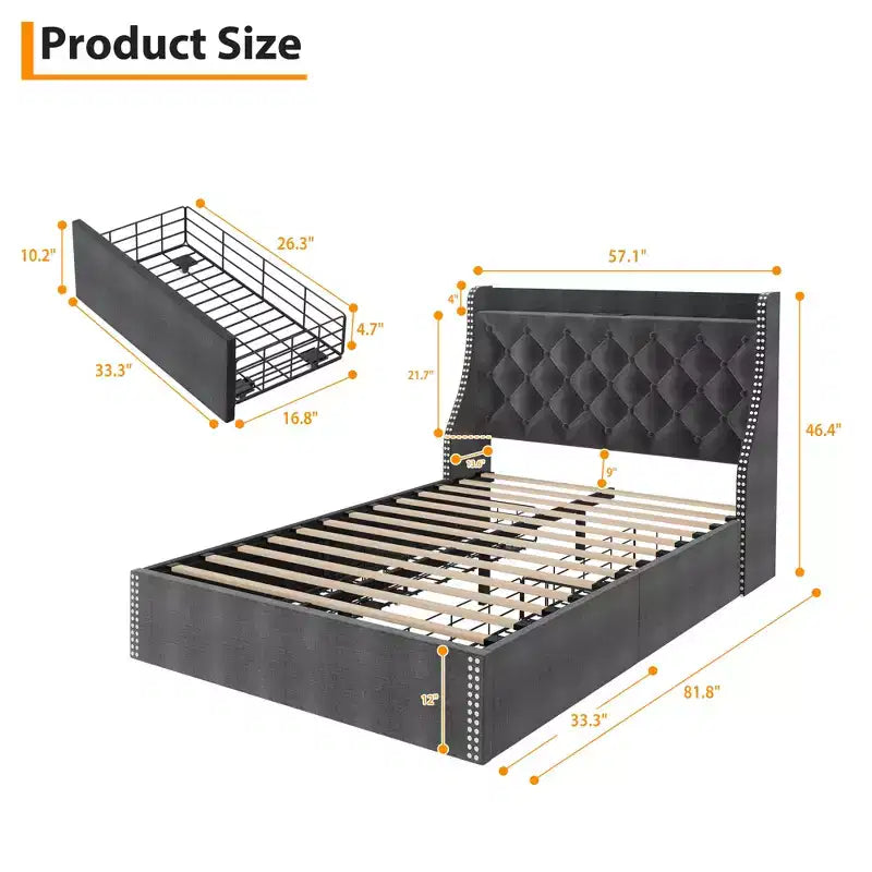 Upholstered Bed Frame with 4 Storage Drawers, Diamond Stitched Button Tufted Design, Wingback Headboard, No Box Spring Required