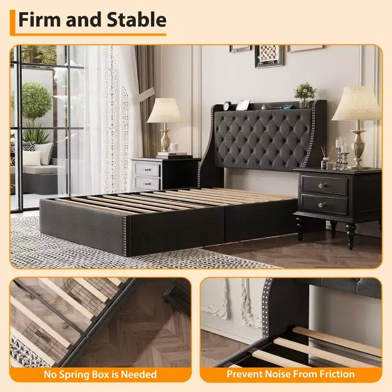 Upholstered Bed Frame with 4 Storage Drawers, Diamond Stitched Button Tufted Design, Wingback Headboard, No Box Spring Required