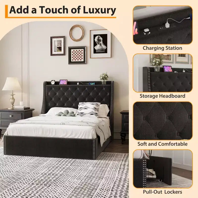 Upholstered Bed Frame with 4 Storage Drawers, Diamond Stitched Button Tufted Design, Wingback Headboard, No Box Spring Required